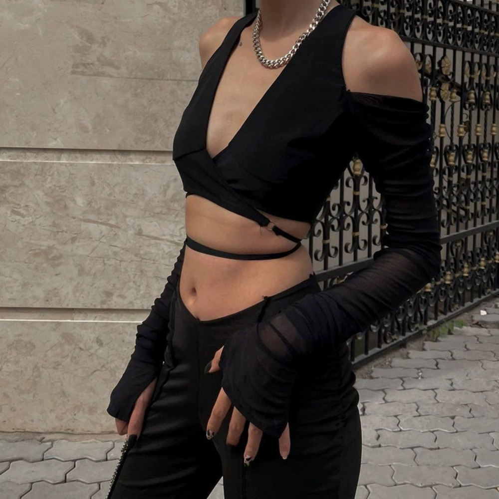 ZARA Sexy Tie Front Off Shoulder Mesh Long Sleeve Top